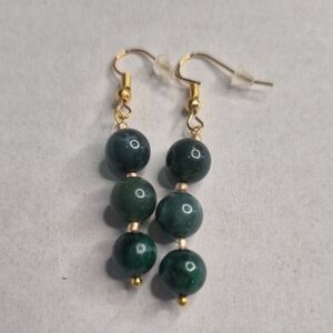 Green Jade Dangle Earrings On Gold Hooks